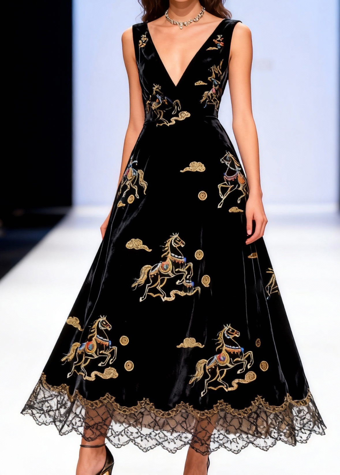 Velvet Deep V-Neck Sleeveless Horse Embroidered Scalloped Lace Hem Maxi Gown