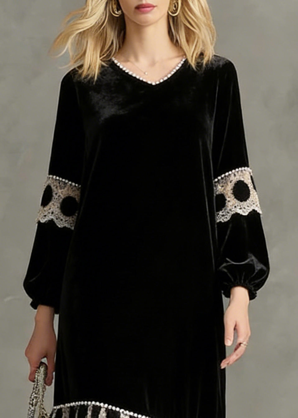 Velvet V-Neck Bishop Sleeve Polka Dot Lace Trim Asymmetric Hem Midi Dress