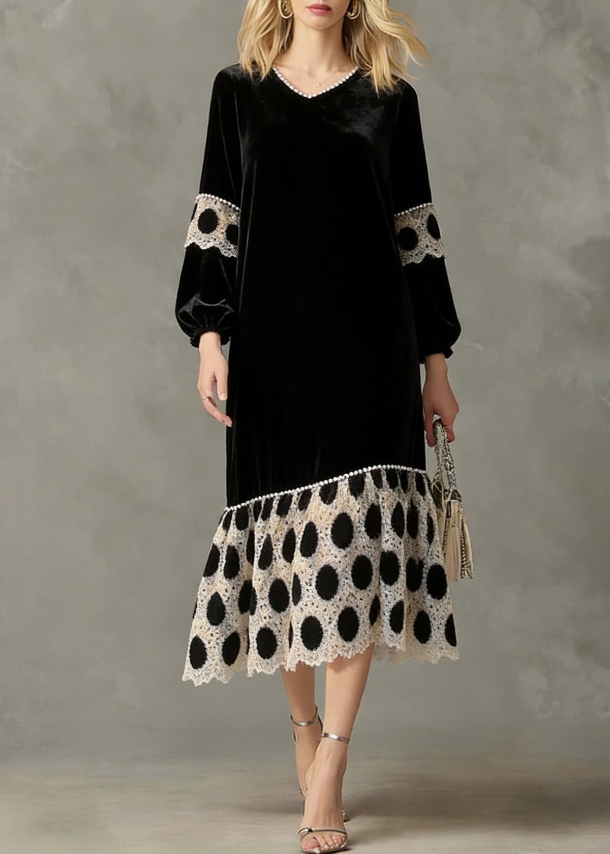 Velvet V-Neck Bishop Sleeve Polka Dot Lace Trim Midi Dress - View 3