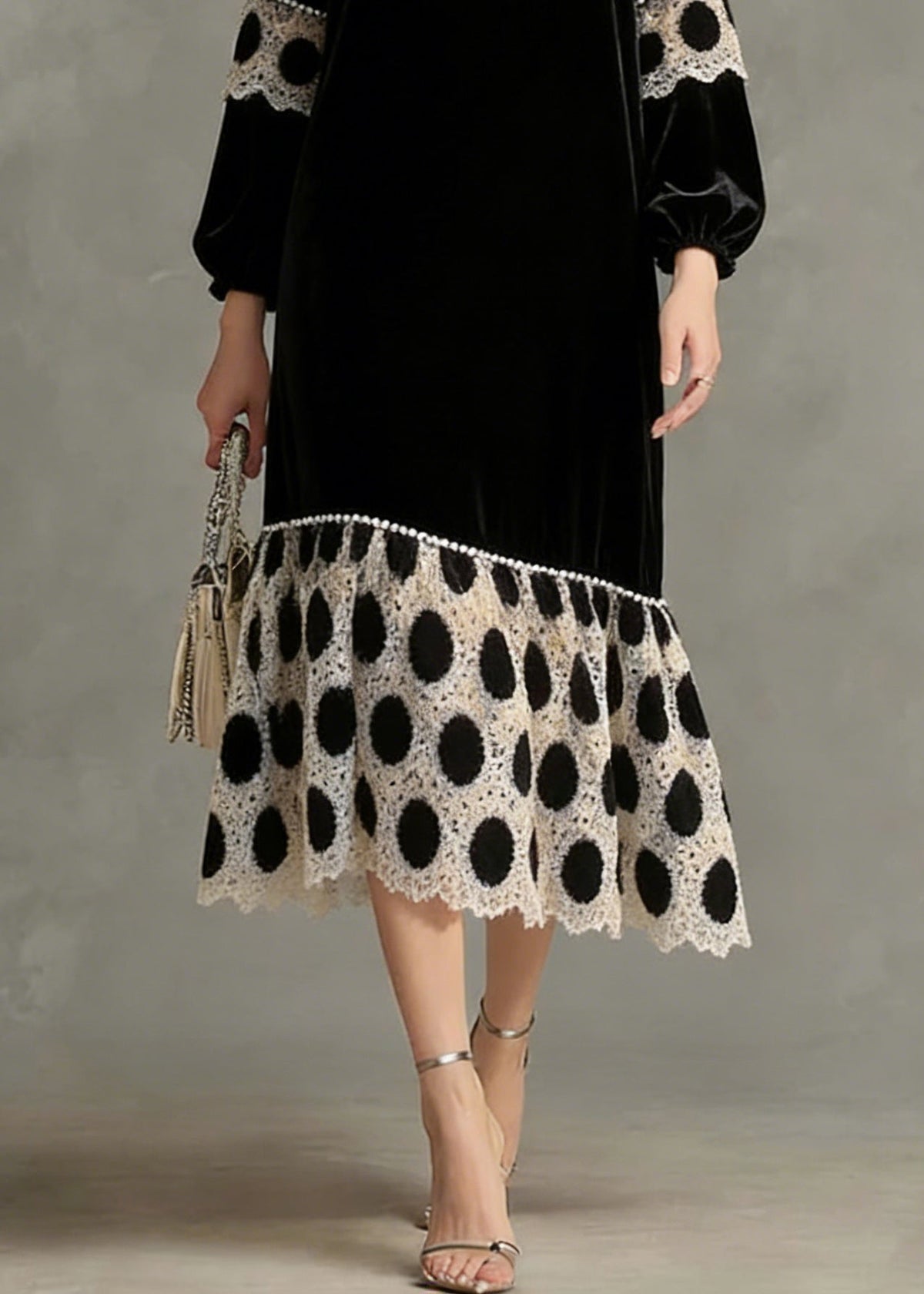 Velvet V-Neck Bishop Sleeve Polka Dot Lace Trim Midi Dress - View 4