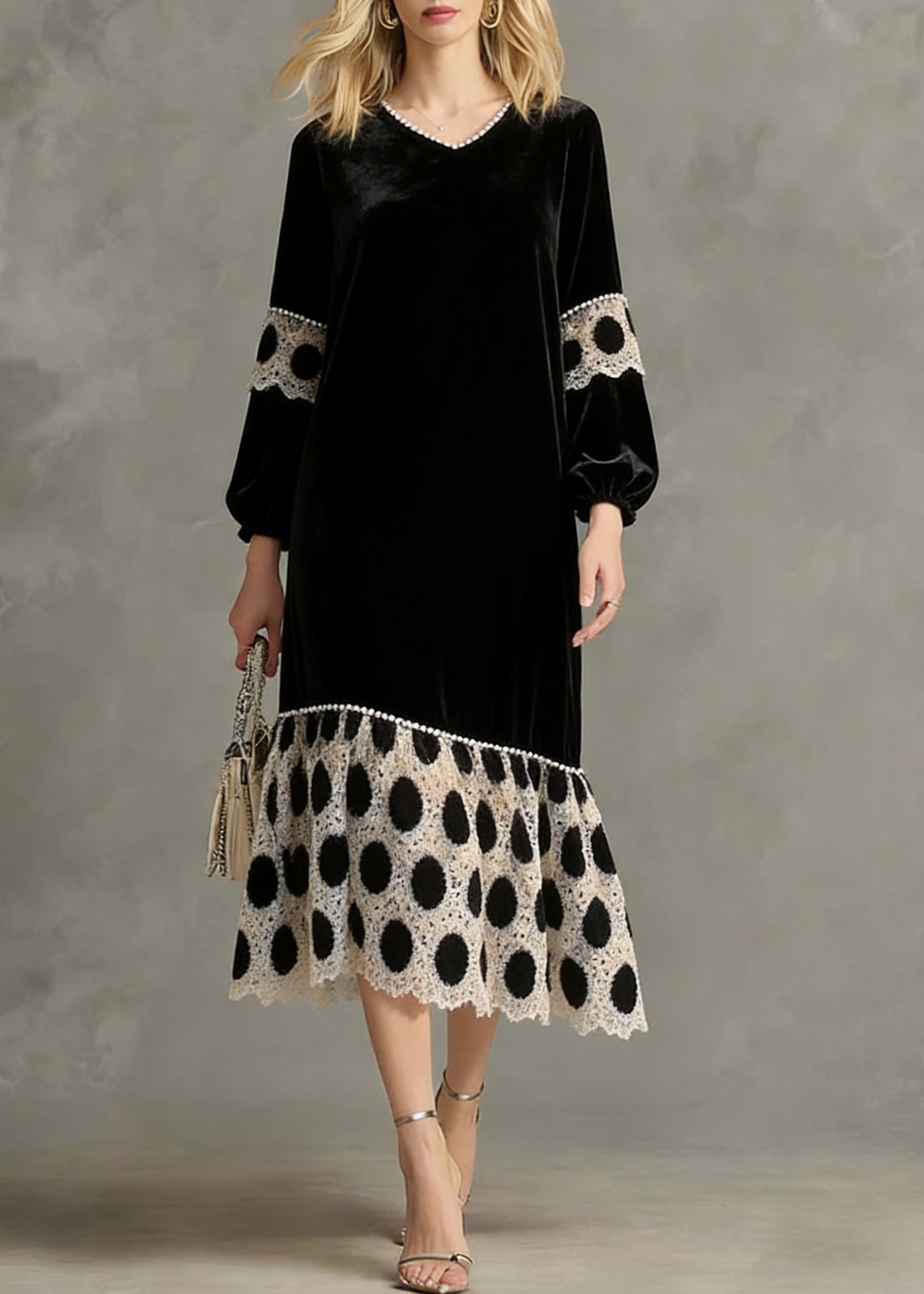 Velvet V-Neck Bishop Sleeve Polka Dot Lace Trim Asymmetric Hem Midi Dress