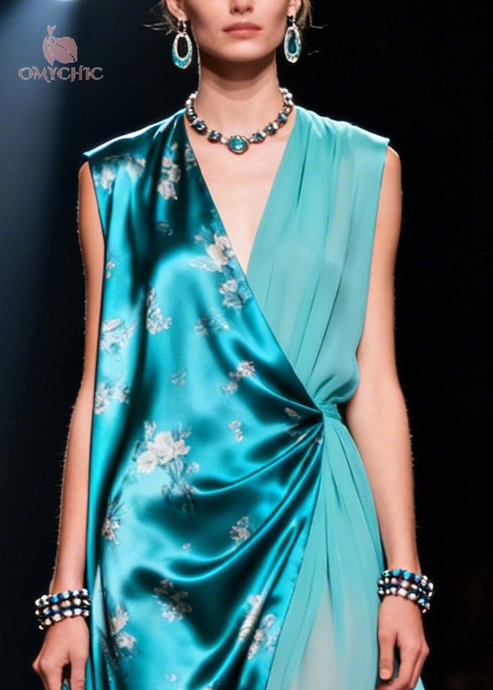 Faux Two-Piece Floral Print Deep V-Neck Asymmetric Wrap Chiffon Maxi Gown