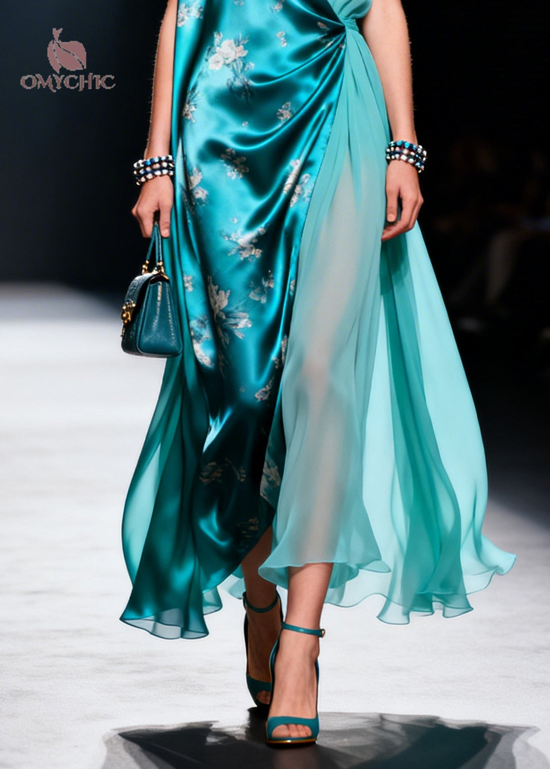 Faux Two-Piece Floral Print Deep V-Neck Asymmetric Wrap Chiffon Maxi Gown