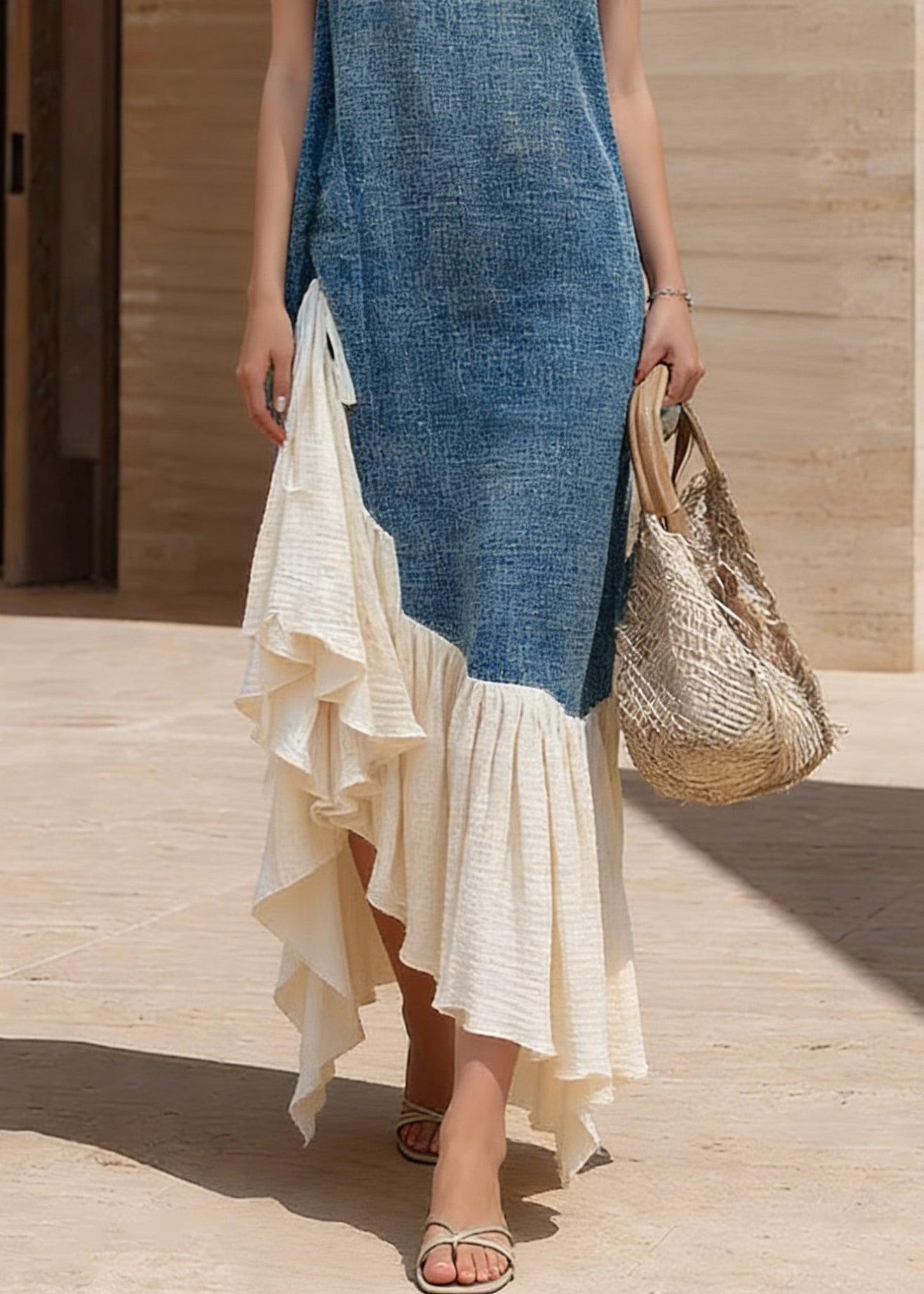 French Blue Lace Up Wrinkled Patchwork Denim Dresses Sleeveless