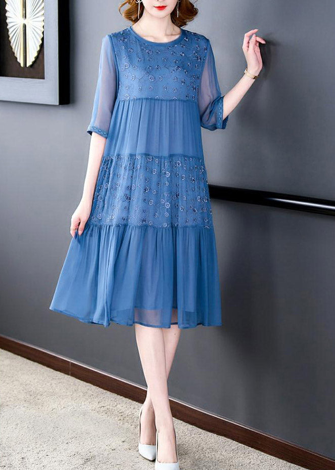 Chiffon Floral Embroidery Tiered Crew Neck Sheer Elbow Sleeve Midi Dress