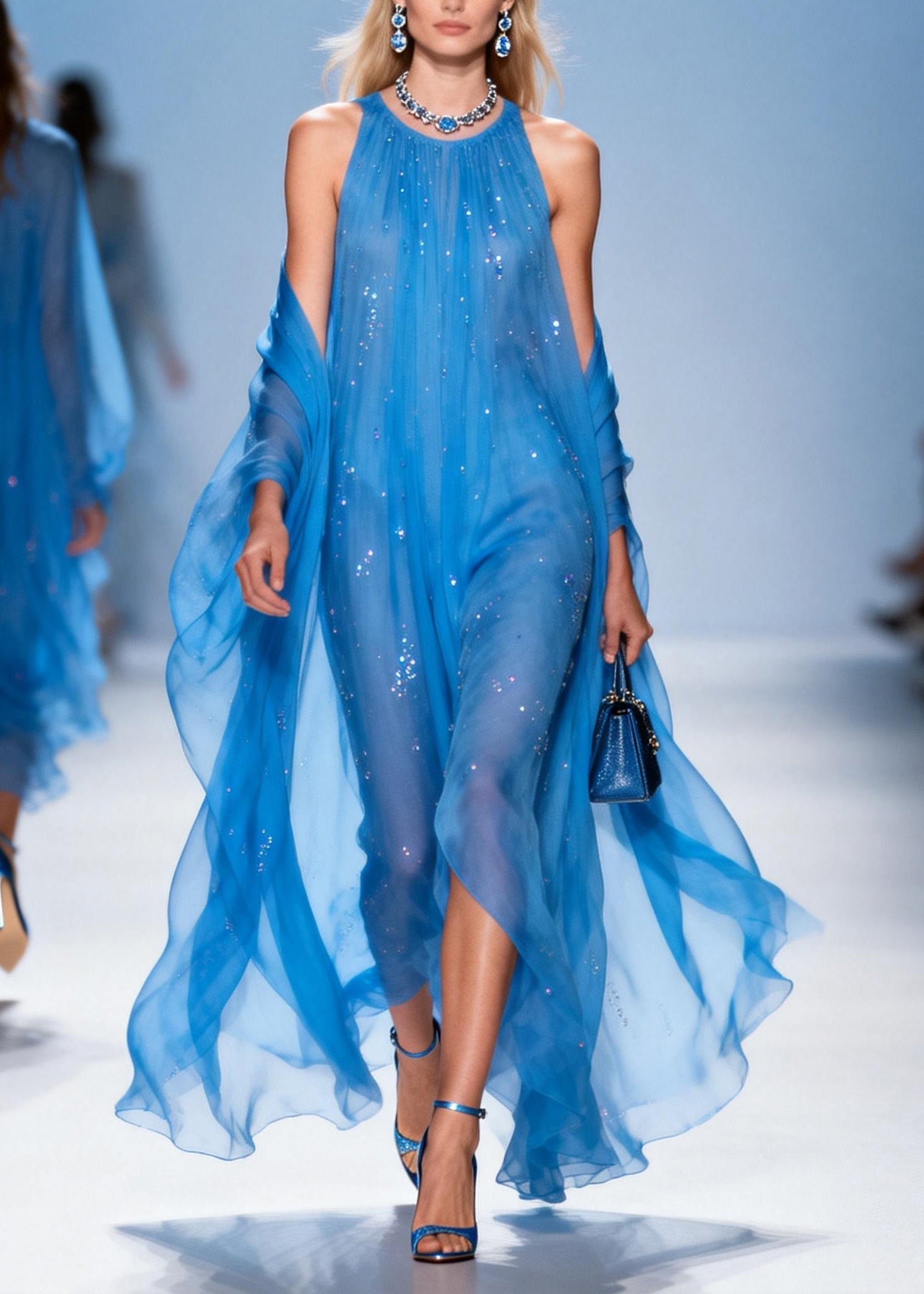 Sequin Scatter Halter Neck Sheer Chiffon Maxi Gown With Wrap