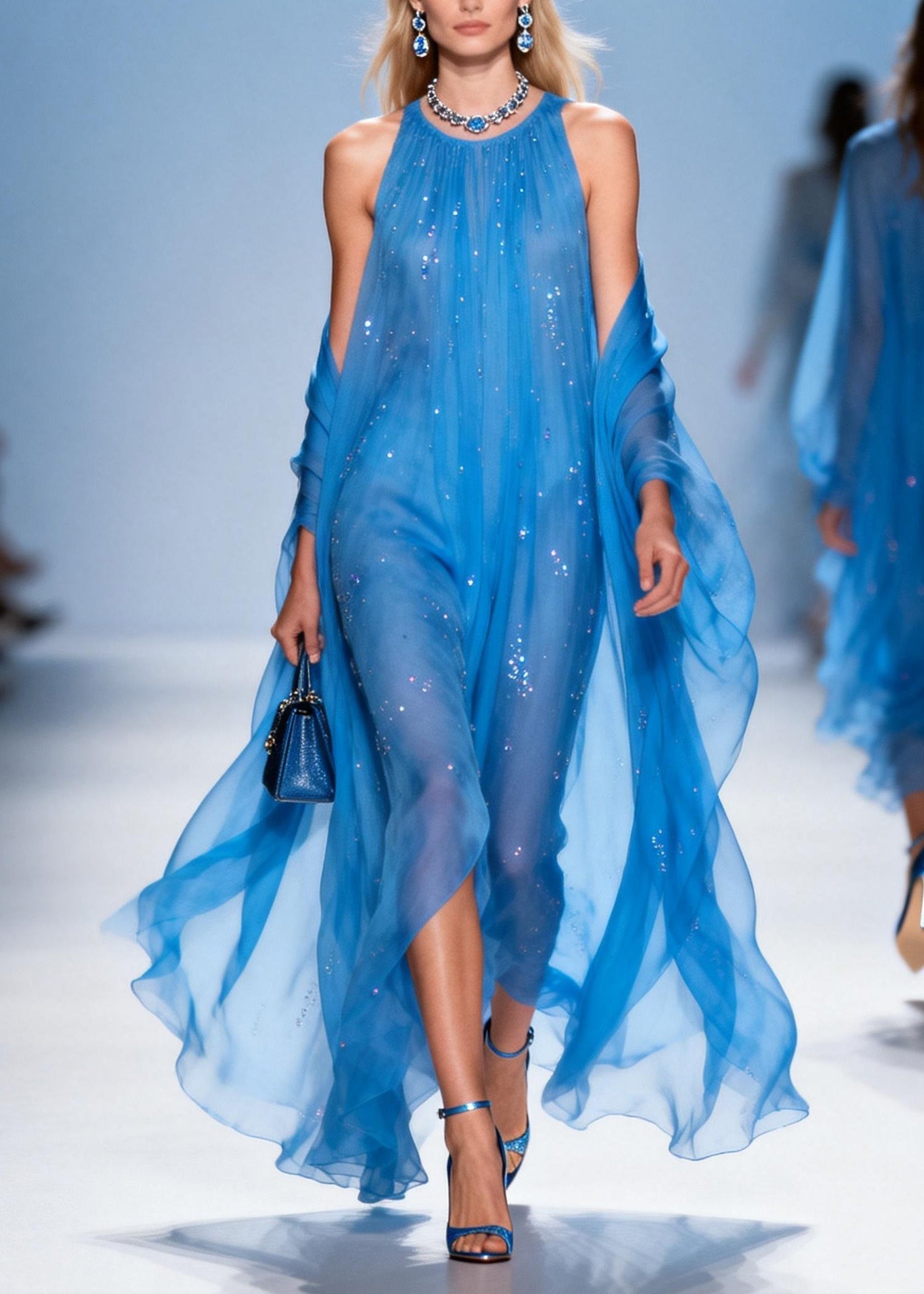 Sequin Scatter Halter Neck Sheer Chiffon Maxi Gown With Wrap