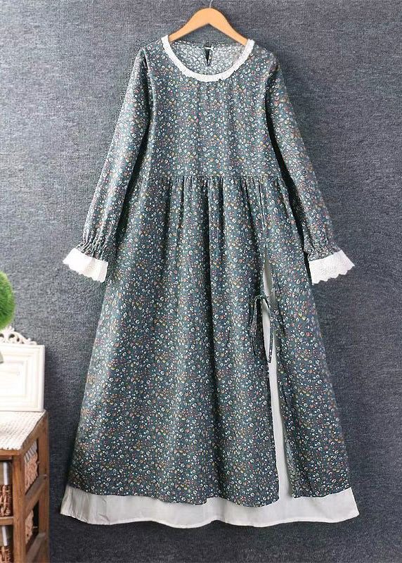 Ditsy Floral Lace Trim Long Sleeve Side Split Layered Midi Dress