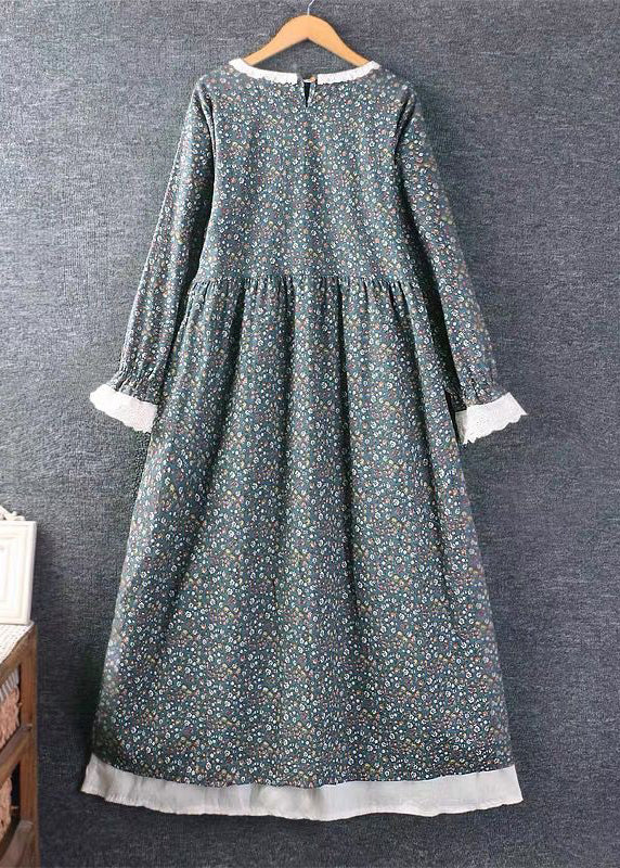 French Blue Print Side Open Lace Up Cotton Dress Long Sleeve 4