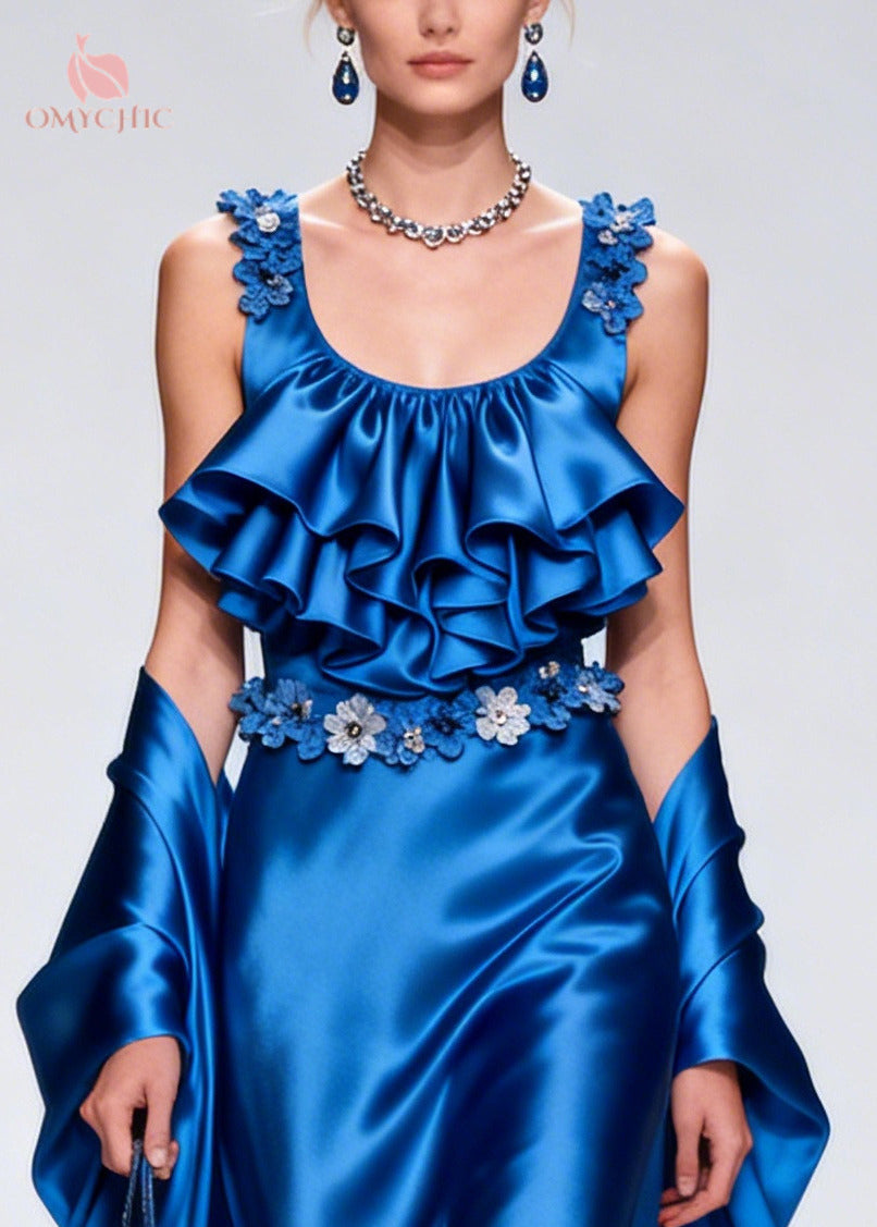 Tiered Ruffle Floral Appliqué Scoop Neck High Split Satin Gown Wrap Cape Two Piece Set