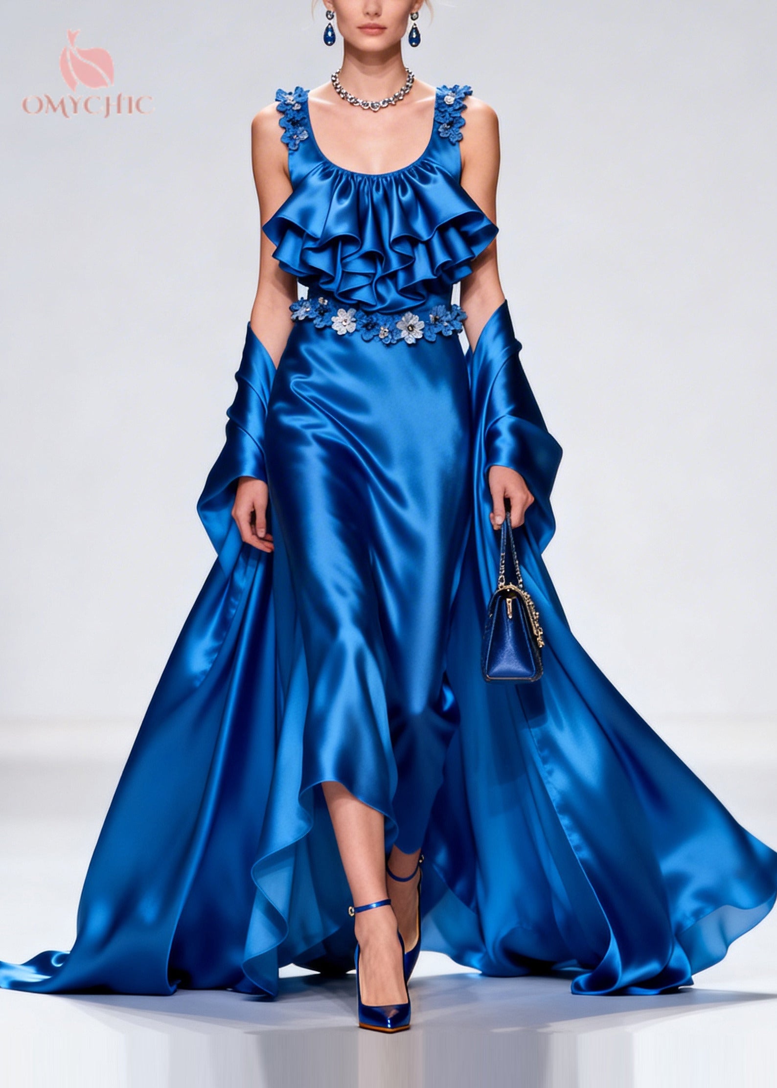 Tiered Ruffle Floral Appliqué Scoop Neck High Split Satin Gown Wrap Cape Two Piece Set