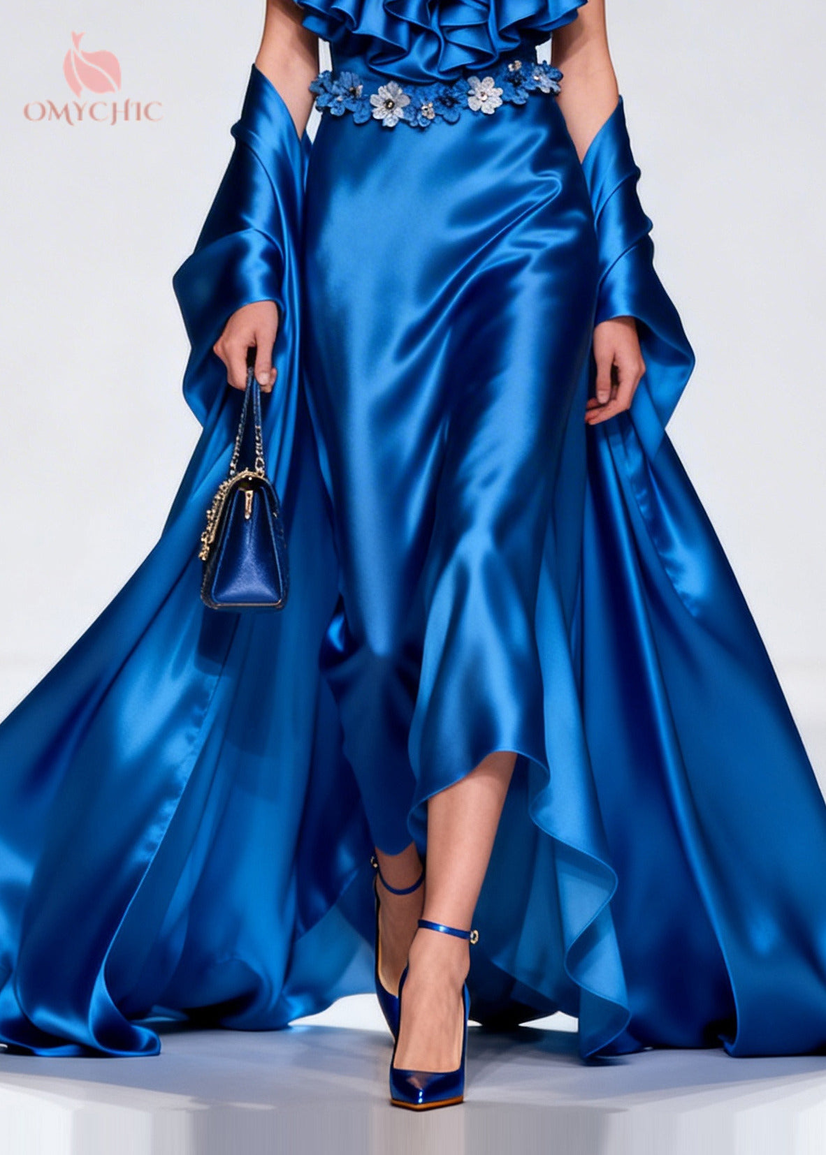 Tiered Ruffle Floral Appliqué Scoop Neck High Split Satin Gown Wrap Cape Two Piece Set