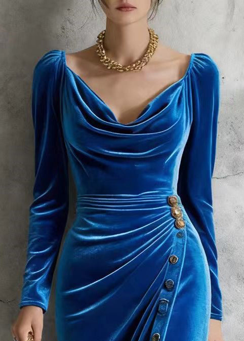 Velvet Cowl Neck Puff Sleeve Ruched Button Wrap Midi Dress