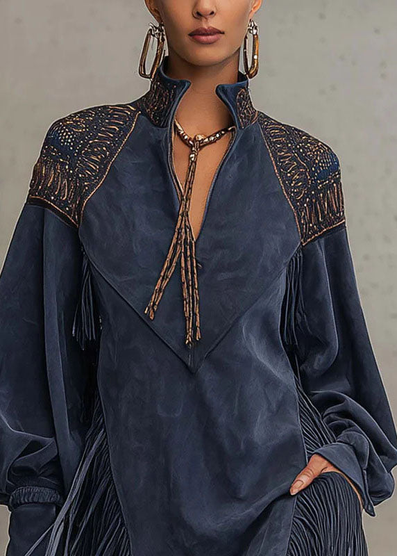 French Blue Tasseled Embroidered Patchwork Faux Suede Dresses Fall