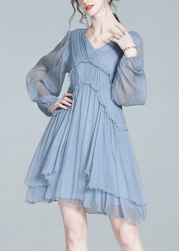V-Neck Bishop Sleeve Tiered Ruffle Pleated Chiffon Mini Dress