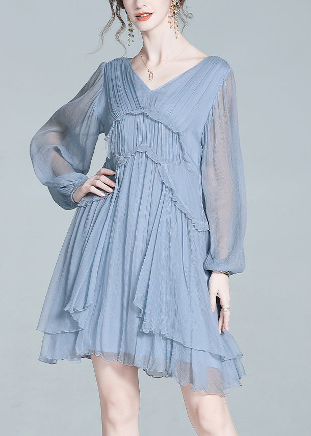 V-Neck Bishop Sleeve Tiered Ruffle Pleated Chiffon Mini Dress