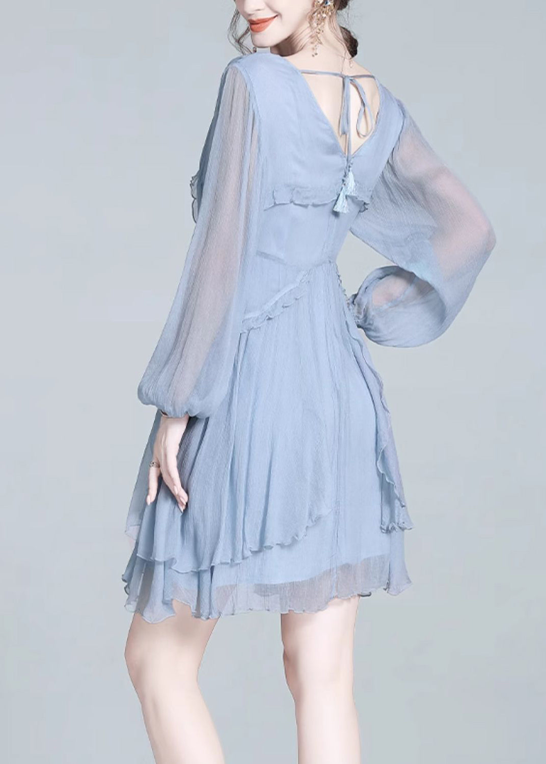 V-Neck Bishop Sleeve Tiered Ruffle Pleated Chiffon Mini Dress