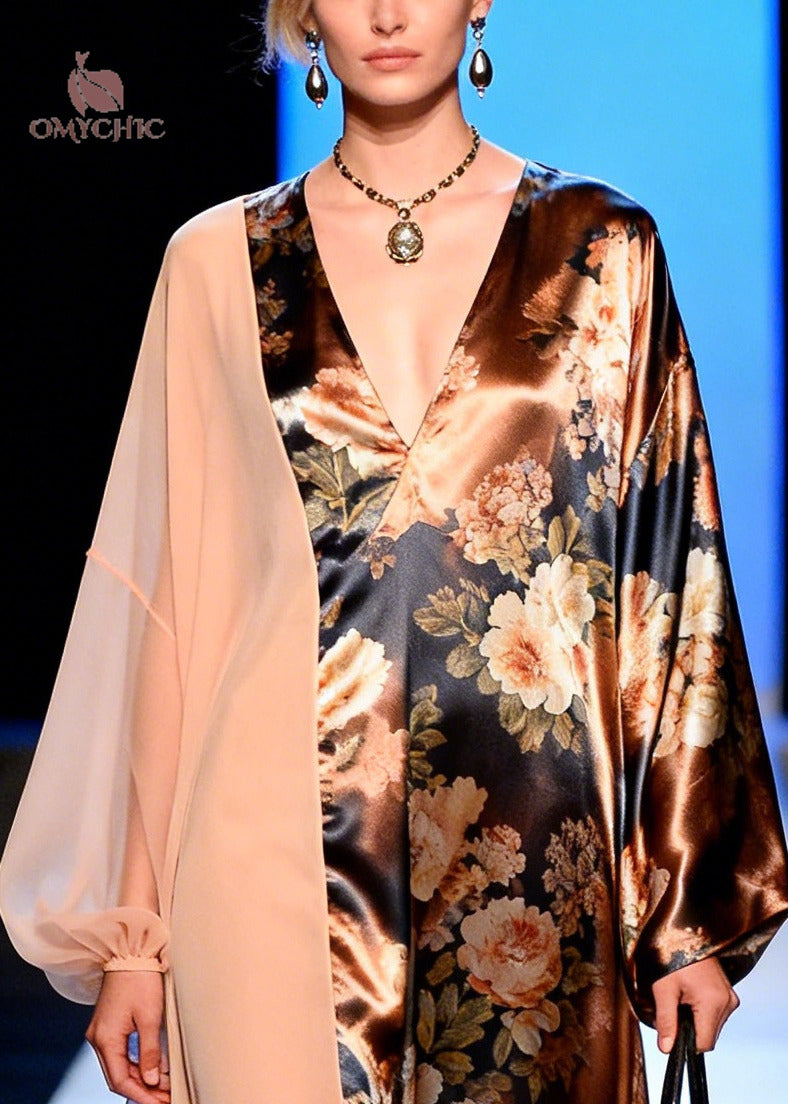 Asymmetrical Floral Print Chiffon Panel Deep V-Neck High Split Maxi Gown