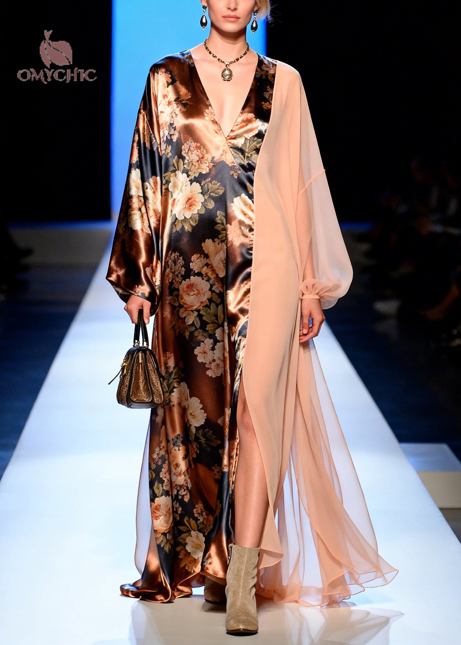 Asymmetrical Floral Print Chiffon Panel Deep V-Neck High Split Maxi Gown