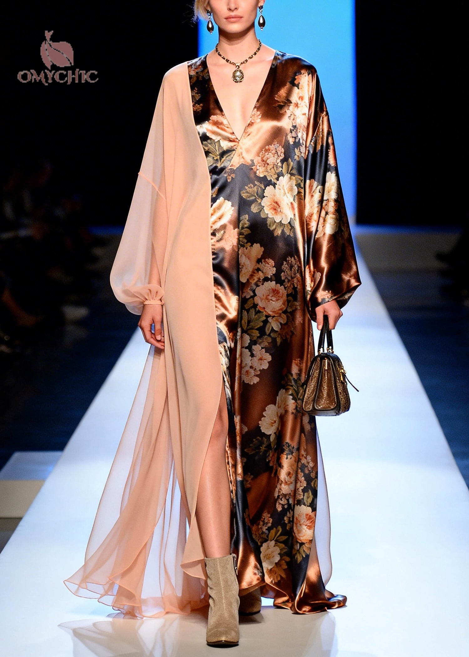 Asymmetrical Floral Print Chiffon Panel Deep V-Neck High Split Maxi Gown