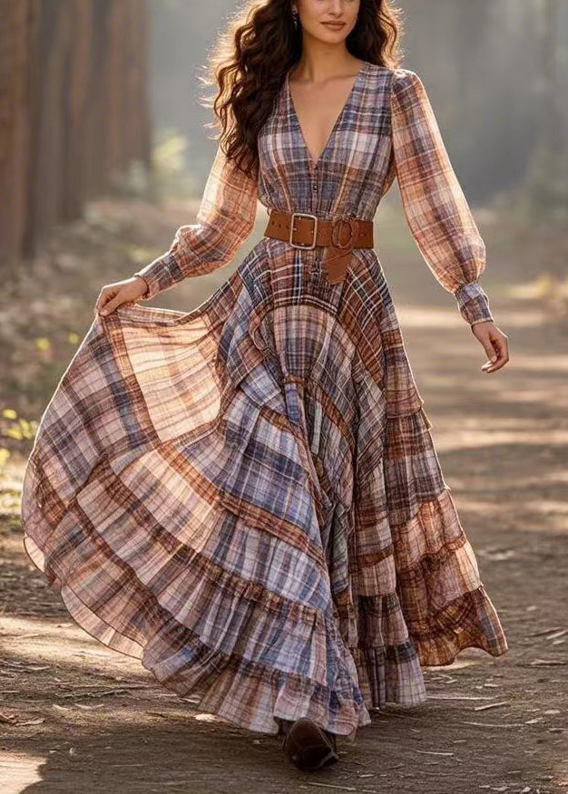 Plaid Deep V-Neck Bishop Sleeve Belted Tiered Maxi Dress