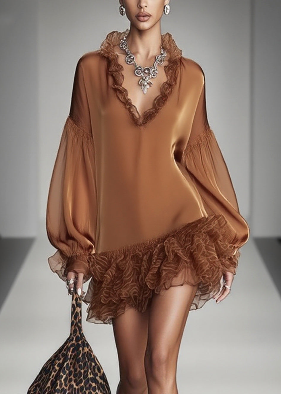 Satin Deep V-Neck Ruffle Collar Balloon Sleeve Tiered Ruffle Mini Dress