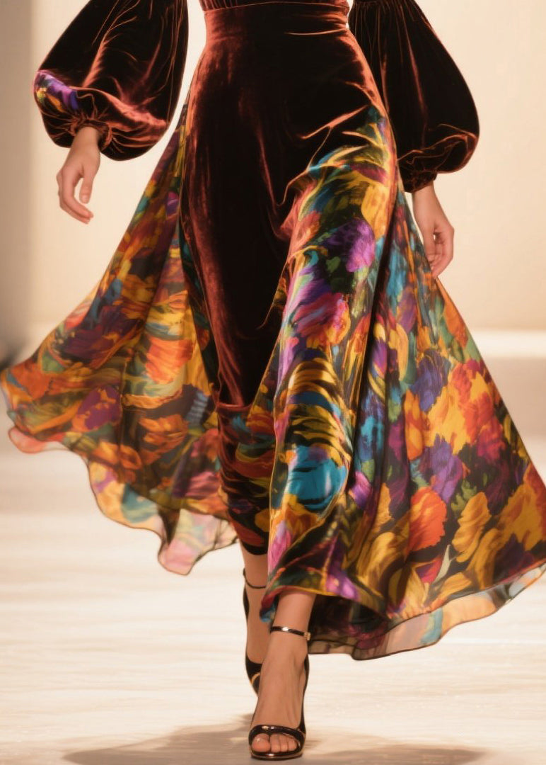 Velvet Floral Bishop Sleeve Deep V-Neck Sheer Panel Maxi Gown