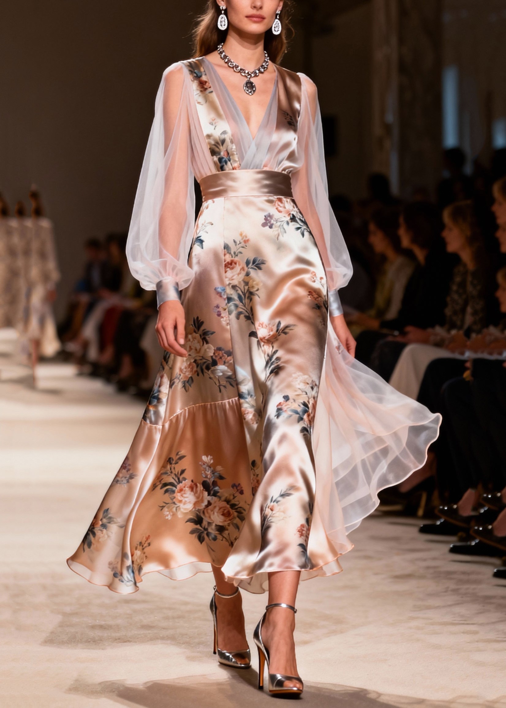 Floral Print Deep V-Neck Sheer Lantern Sleeve Belted Ruffled Hem A-Line Maxi Gown