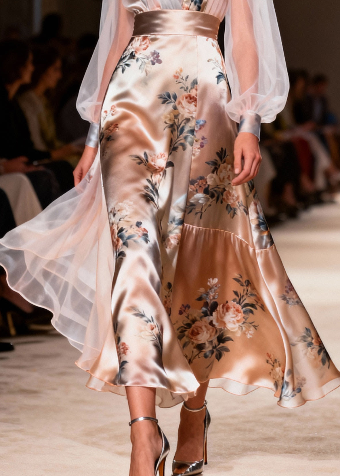 Floral Print Deep V-Neck Sheer Lantern Sleeve Belted Ruffled Hem A-Line Maxi Gown