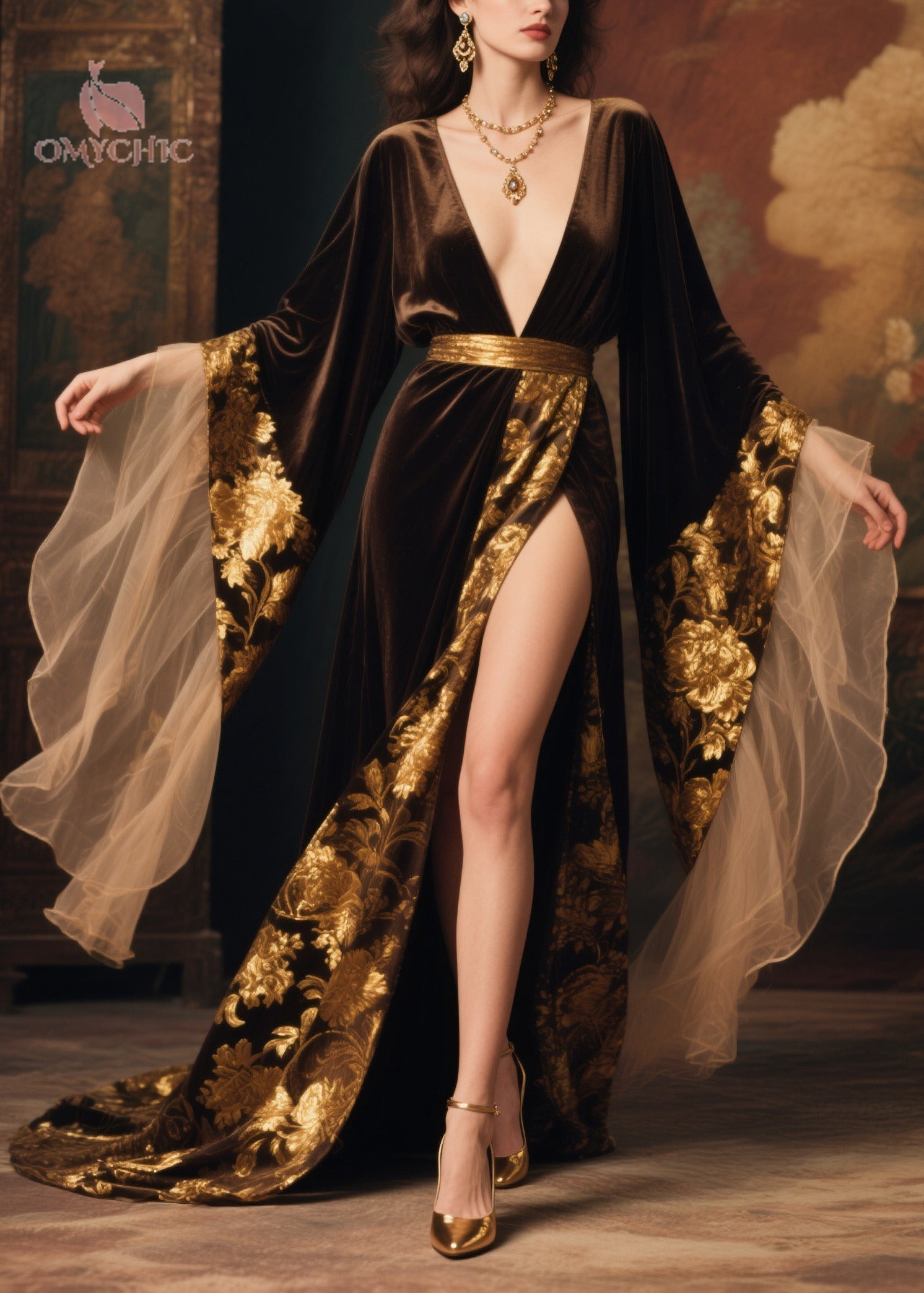 Velvet Floral Embroidery Deep V-Neck Bell Sleeve Tulle Cuff High Split Maxi Gown
