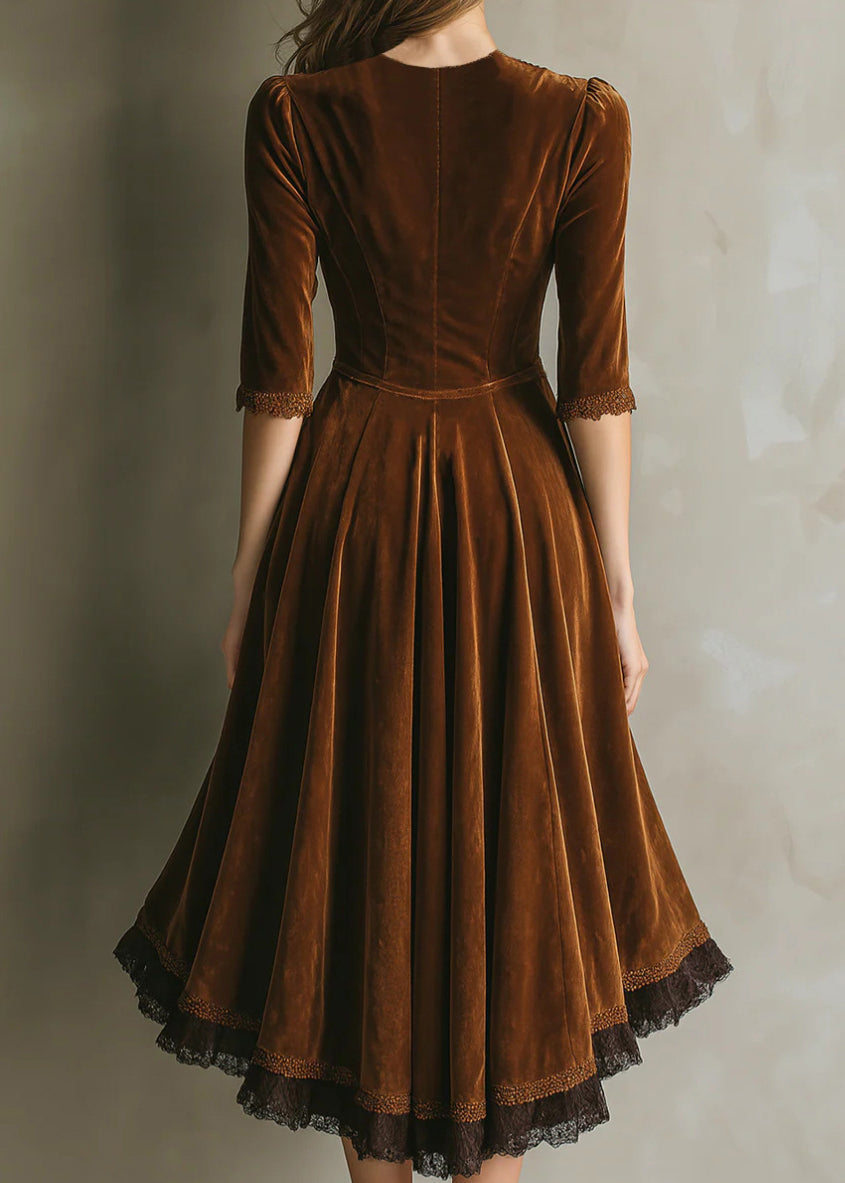 Velvet V-Neck Three Quarter Sleeve Button Front Lace Trim High Low Midi Dress