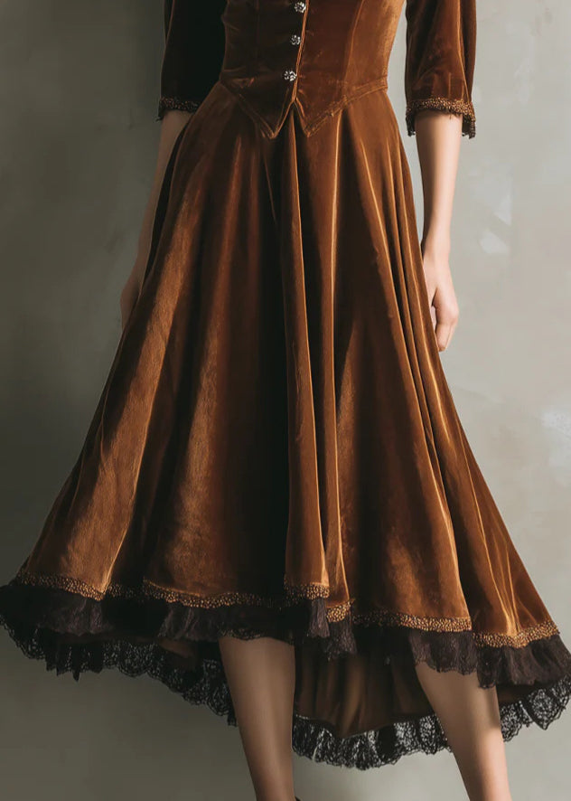 Velvet V-Neck Three Quarter Sleeve Button Front Lace Trim High Low Midi Dress