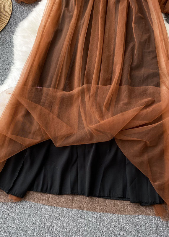 Mesh Overlay Square Neck Spaghetti Strap Cold Shoulder Puff Sleeve Maxi Gown