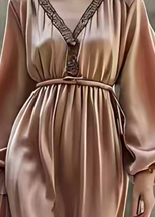 Satin Lace Trim Deep V-Neck Bishop Sleeve Elastic Waist Tiered Ruffle Hem Maxi Dress