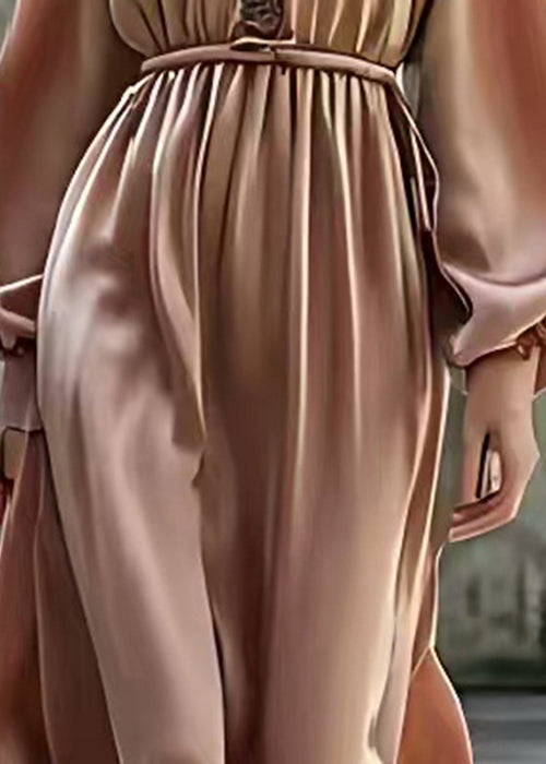 Satin Lace Trim Deep V-Neck Bishop Sleeve Elastic Waist Tiered Ruffle Hem Maxi Dress