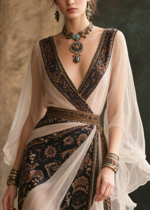 Paisley Print Deep V-Neck Bell Sleeve Tiered Ruffle Wrap Maxi Gown