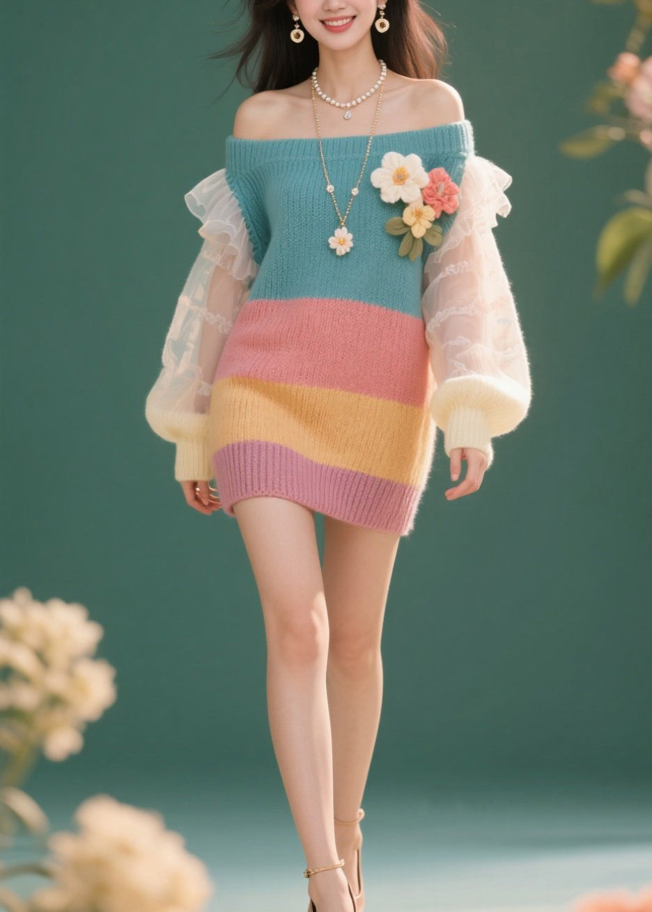 Striped Knit Off Shoulder Tulle Ruffle Sleeve Floral Mini Dress