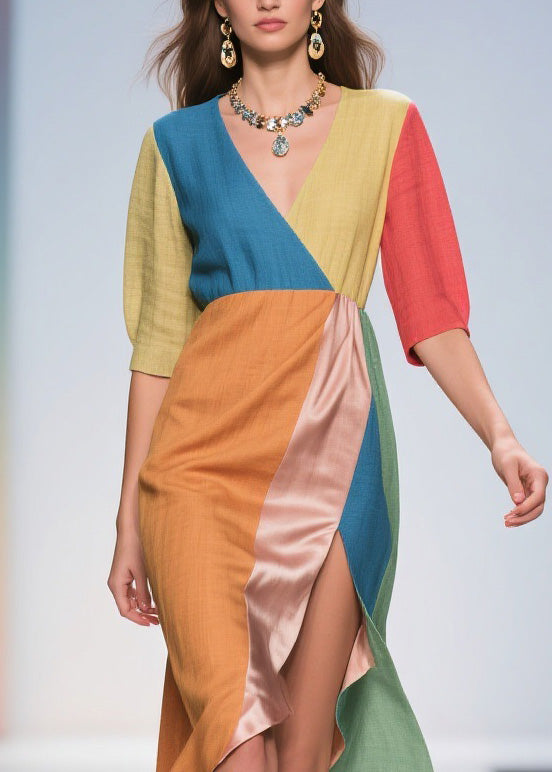 Deep V-Neck Wrap Panel High Split Asymmetrical Hem Midi Dress