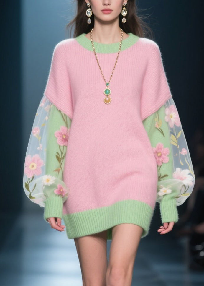 Knit Ribbed Trim Colorblock Balloon Sleeve Floral Embroidered Mesh Overlay Mini Dress