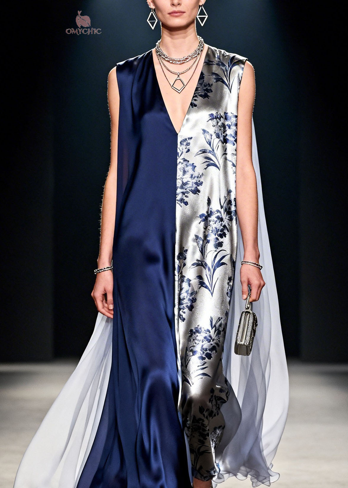 Split Panel Floral Print Sleeveless Deep V-Neck Sheer Cape Wide Leg Jumpsuit