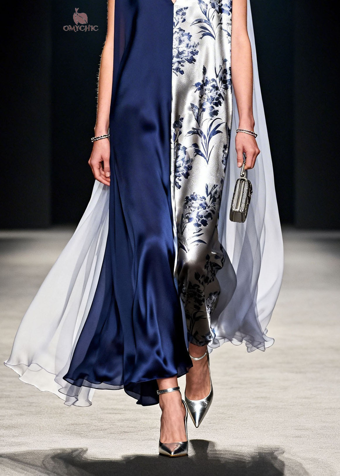 Split Panel Floral Print Sleeveless Deep V-Neck Sheer Cape Wide Leg Jumpsuit
