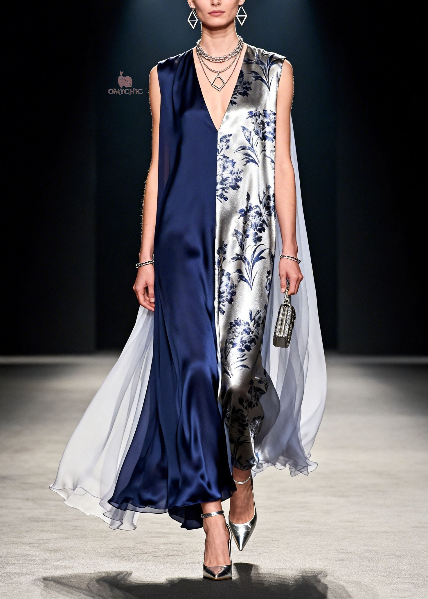 Split Panel Floral Print Sleeveless Deep V-Neck Sheer Cape Wide Leg Jumpsuit