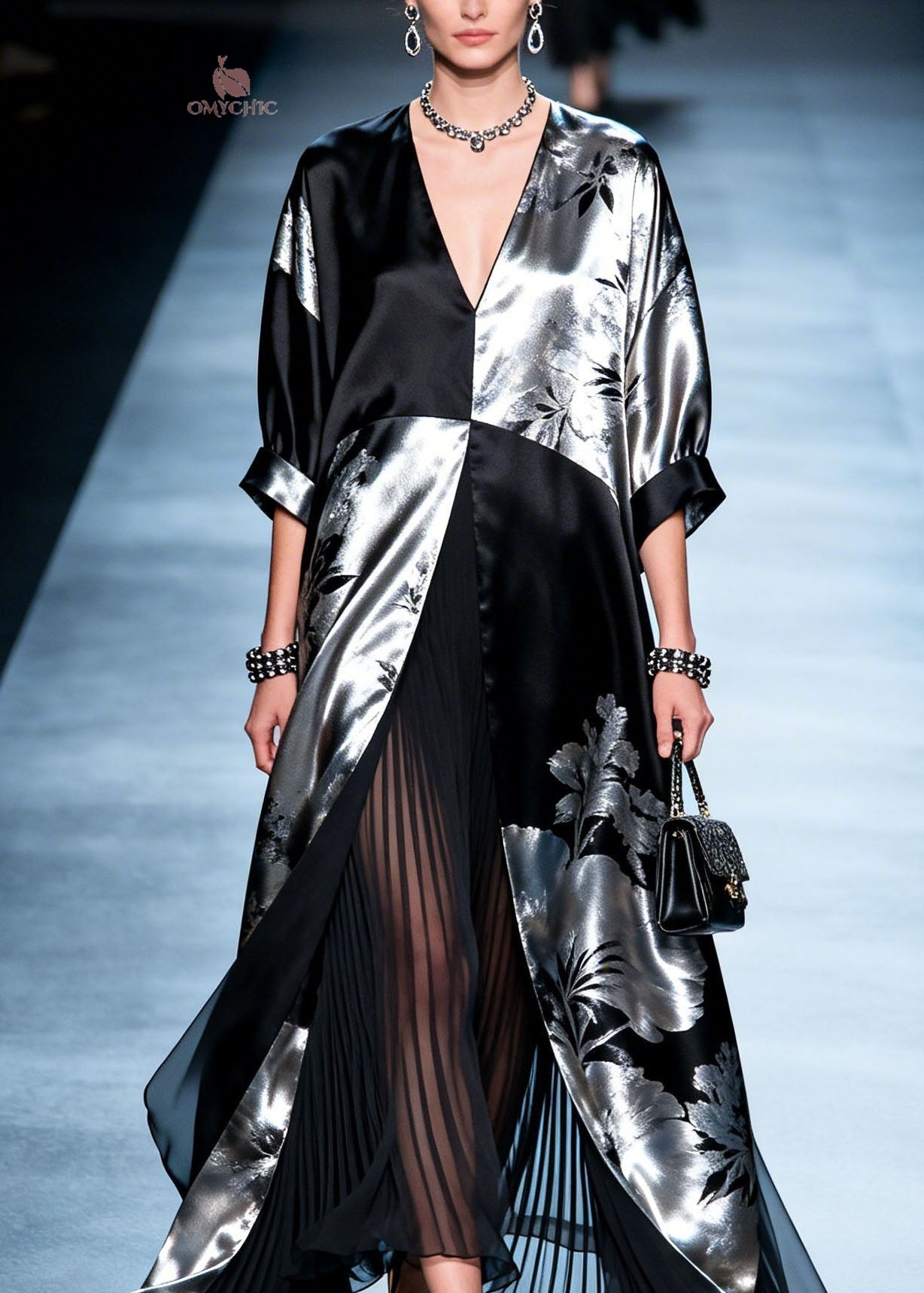 Metallic Floral V-Neck Open Front Wide Cuff Sleeve Pleated Layer Maxi Gown