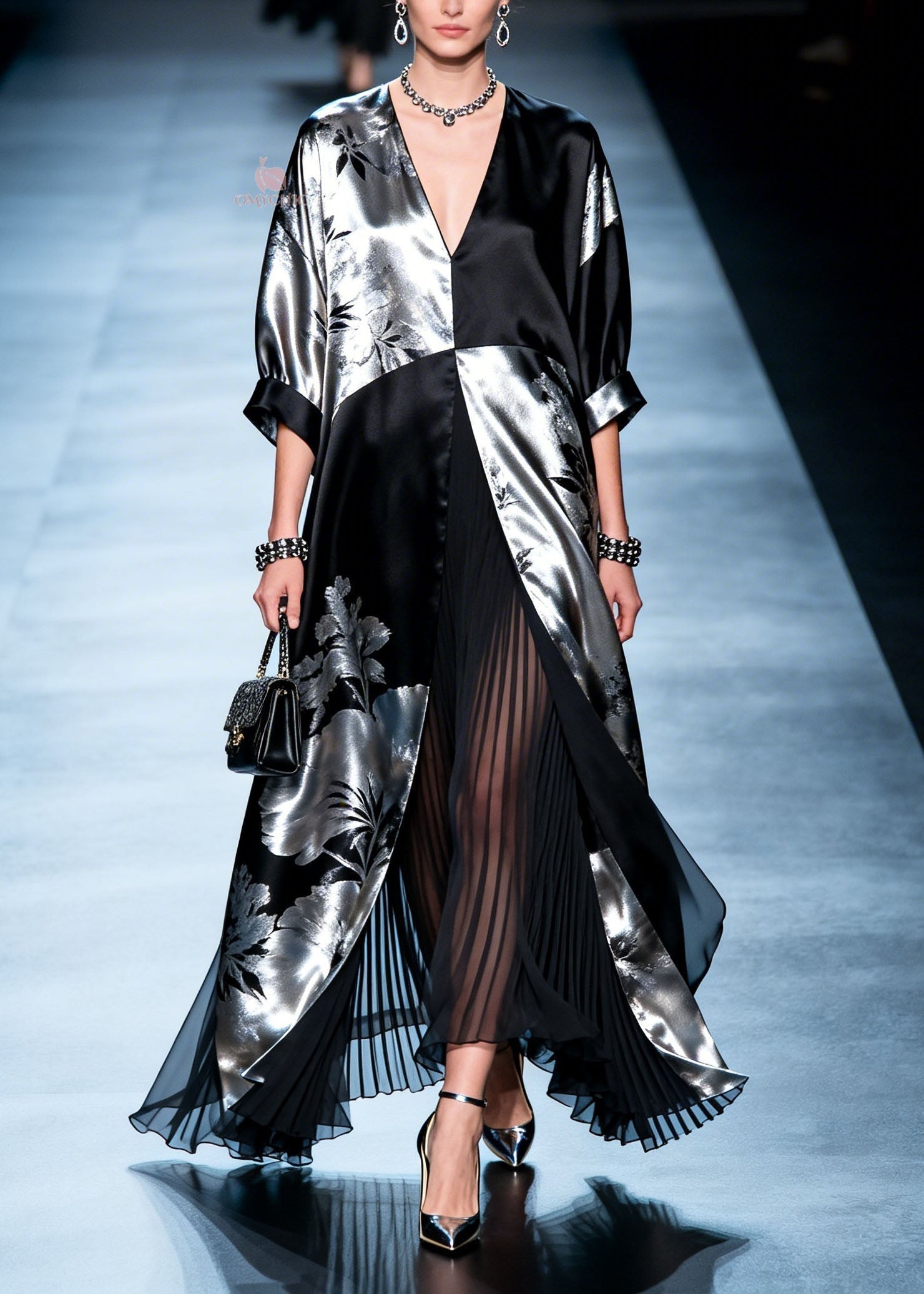 Metallic Floral V-Neck Open Front Wide Cuff Sleeve Pleated Layer Maxi Gown