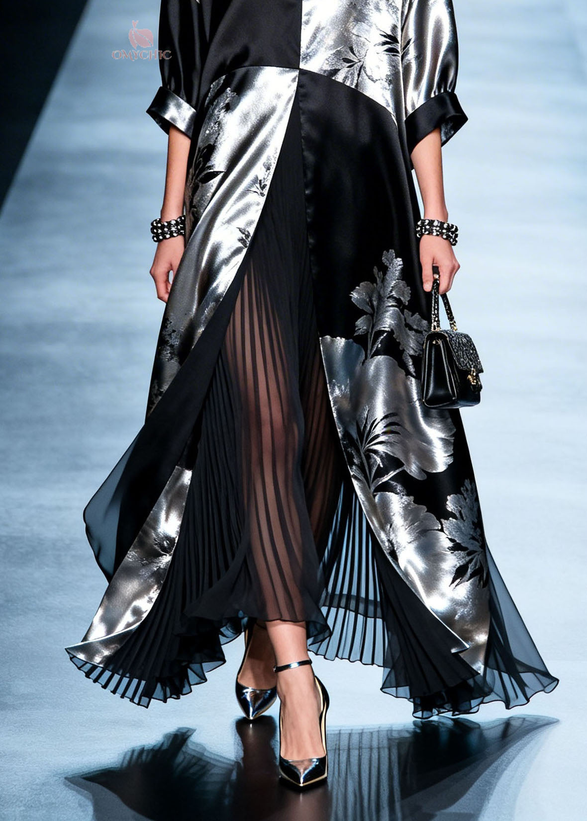 Metallic Floral V-Neck Open Front Wide Cuff Sleeve Pleated Layer Maxi Gown