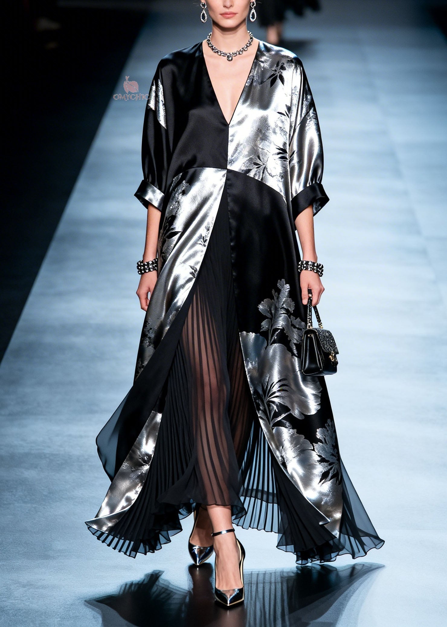 Metallic Floral V-Neck Open Front Wide Cuff Sleeve Pleated Layer Maxi Gown