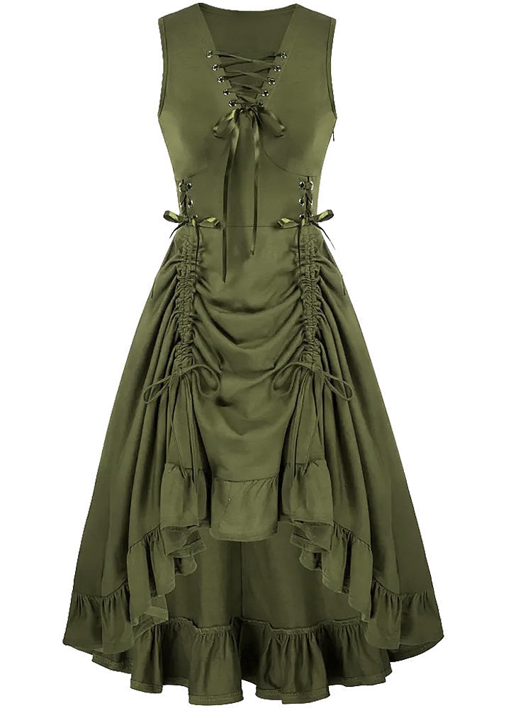Lace Up Front V-Neck Side Ruched High Low Ruffle Hem Midi Dress - View 2
