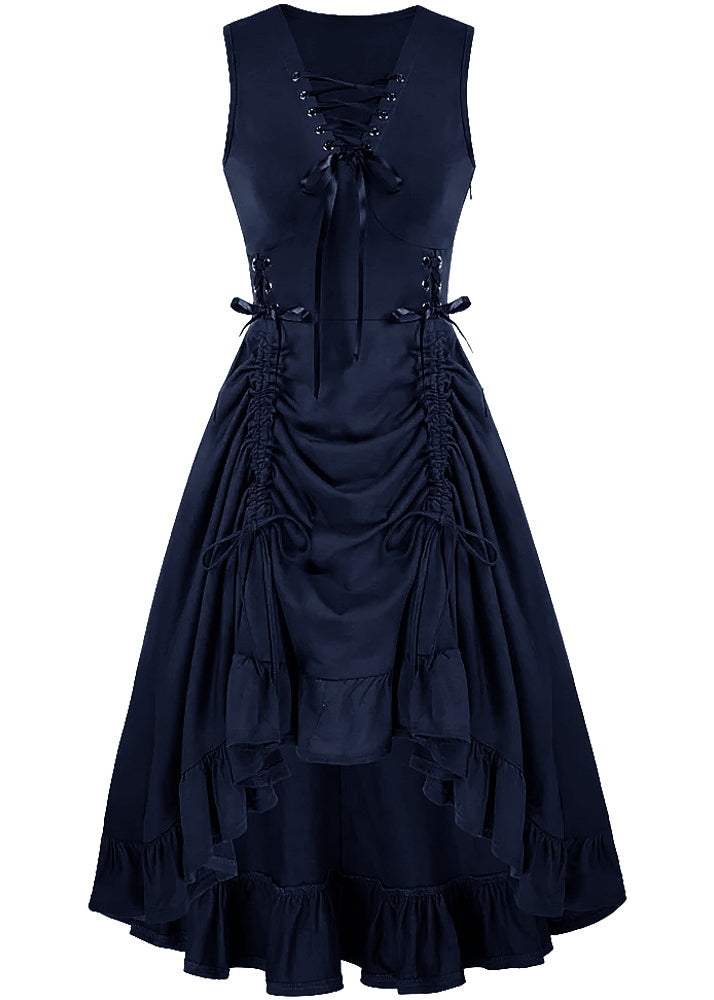 Lace Up Front V-Neck Side Lace Up Ruched High Low Ruffle Hem Sleeveless Midi Dress