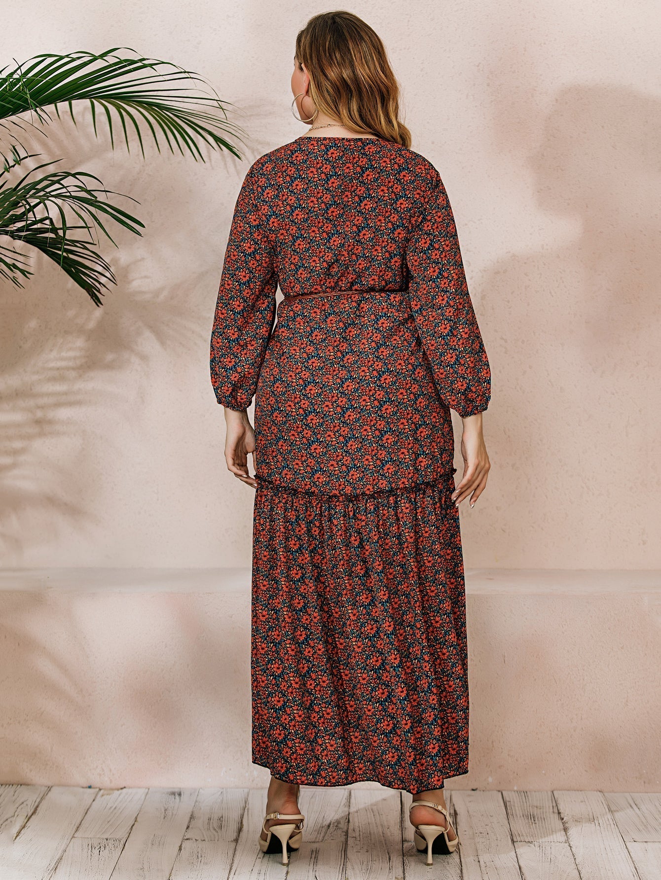 French Elegant Large Size Oversize Red Printed Long Sleeve V-Neck Dress