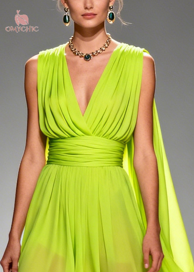 Deep V-Neck Sleeveless Pleated Waist Chiffon Floral Border Cape Back Maxi Gown